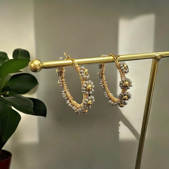 Silver Floral Shape Hoop Flower Earrings - Picture 2 of 3